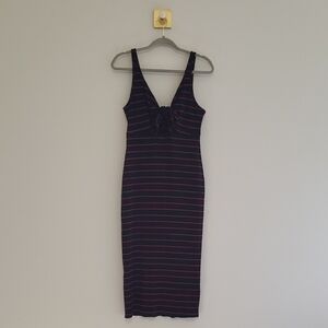 Express Midi Tank Dress Medium Stripe Black Pink Ribbed Knit Tie Front Keyhole